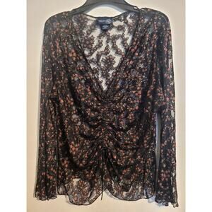 Women's Black Floral Sheer Ruched Top Y2K Fairy V-Neck Bell Sleeve Whimsygoth